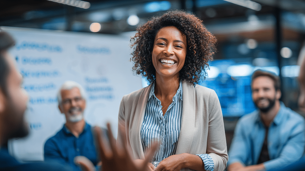 Smiling woman leading a meeting in a modern office, colleagues listening in the background.