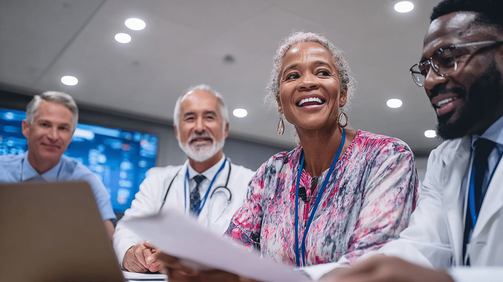 Group of diverse doctors smiling and reviewing documents at a conference table in a hospital setting