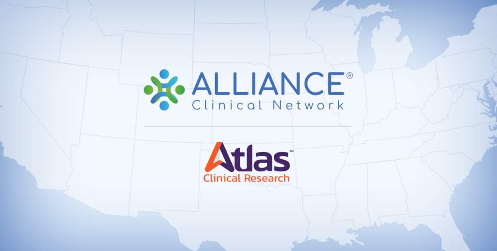 Alliance Clinical Network logo with an abstract blue-green symbol and Atlas Clinical Research logo on a pale map background.