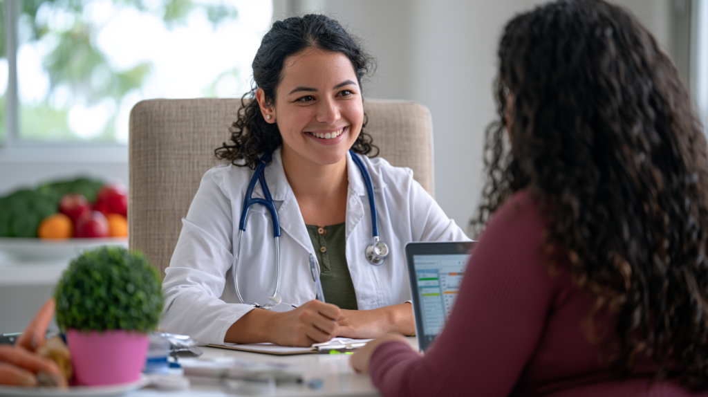 Smiling female doctor with a stethoscope talking to a patient across a desk in a bright clinic.