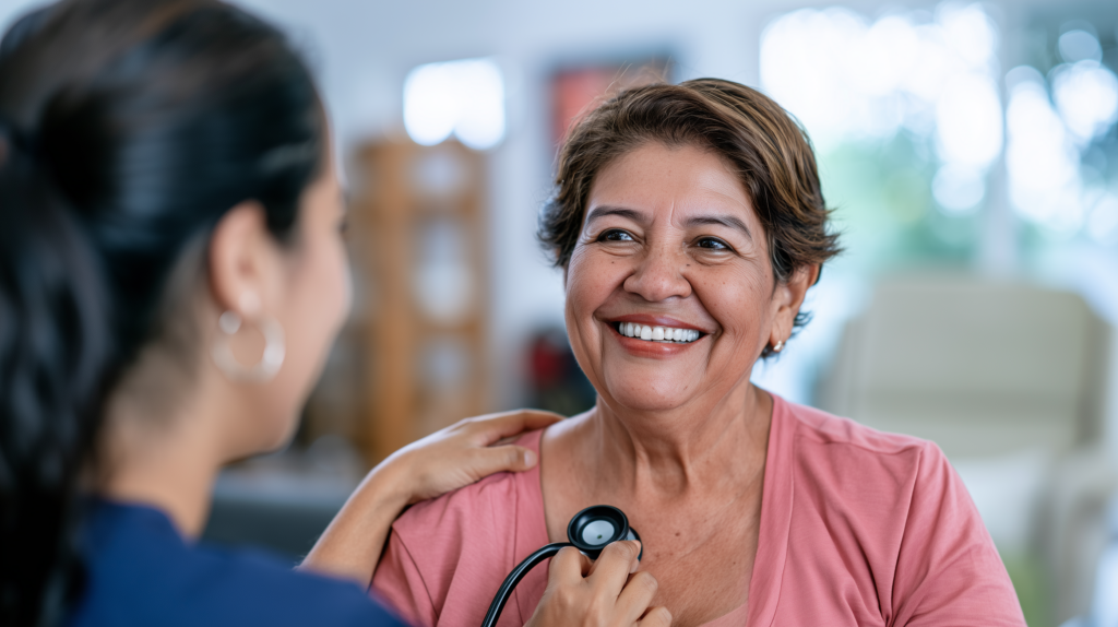 Smiling woman in a pink shirt has a stethoscope placed on her chest by a healthcare professional.
